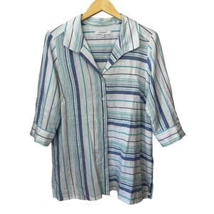 Foxcroft Linen Blend Top Womens 14W White Blue Striped‎ Button Up Beachy Coastal
